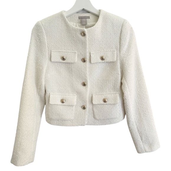 BNWOT Elegant H&M Cream and White Tweed Jacket with Gold Buttons Textured-Weave - Picture 7 of 12